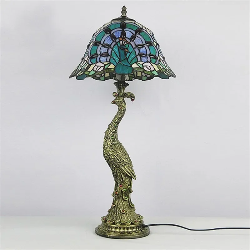 

Desk Lamp Tiffany Table Peacock Retro Creative Decoration LED estilo industrial Contemporary Led Lights For Home lampara bedside