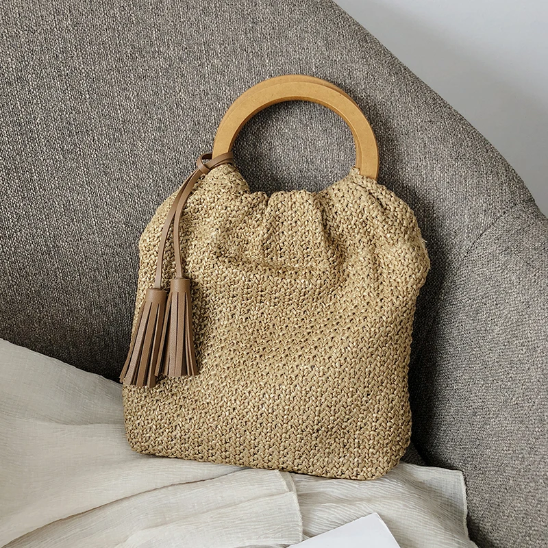 Summer straw bag for women 2023 small Woven Handmade Handbag Lady Tote Vacation Beach Bag shoulder bag Ring pocket Shopping bag
