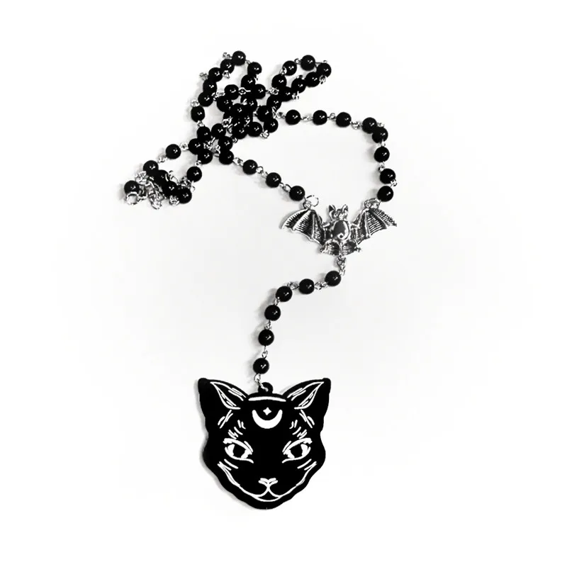 

Black Rosary Gothic Vampire Bat Black Cat Pendant Necklace Women's Mysterious Fashion Hip-hop Punk Jewelry Witch Accessories