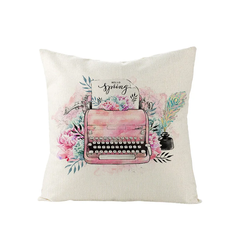

Nordic Style Square Linen Pillowcase Spring Farmhouse Home Decor Cushion Cover Pink Flower Bicycle Printed Pillow Cover