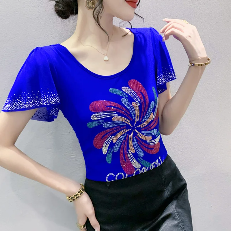 # 5693 Черная синяя сетчатая футболка с бриллиантами сексуальная облегающая