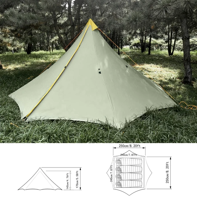 Ultralight 2-4 Person 3/4 Season Camping Tent /Inner Tent 20D Nylon Both Sides Silicone Coating Rodless Pyramid Outdoor Flysheet 6
