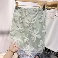 mesh three dimensional flower stitching high waist skirt women 2022 new slim fit pure color summer all match kee length skirts