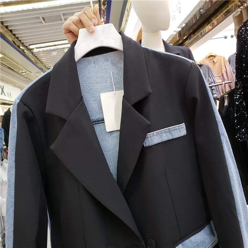 Черный джинсовый пиджак цвета хаки в стиле пэчворк женская двубортная верхняя