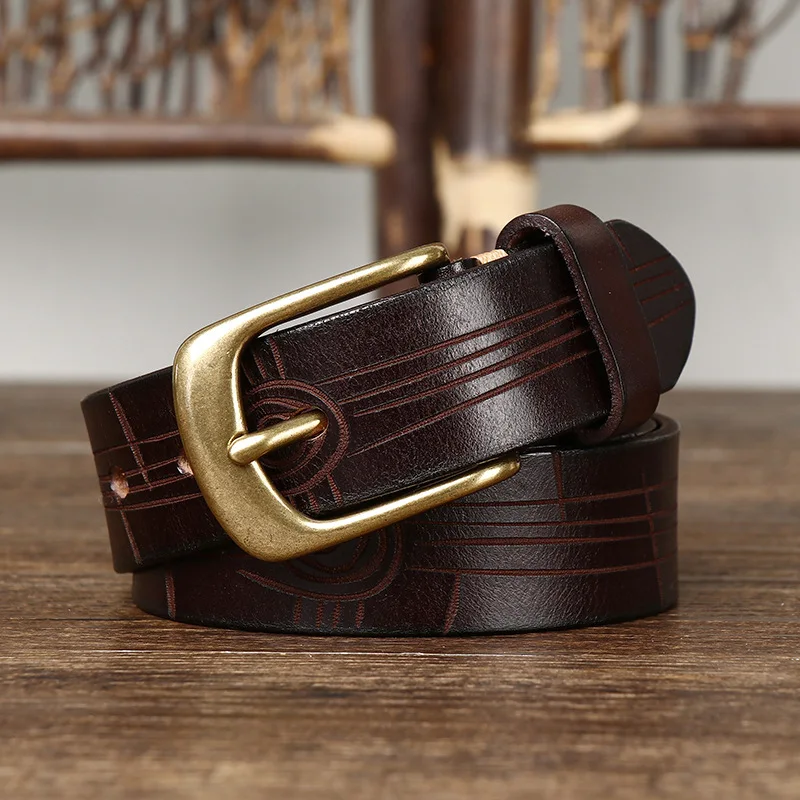 3.3CM Pure Cowhide High Quality Genuine Leather Belts for Men Women Brand Strap Male Brass Buckle Jeans Cowboy Embossed Belt