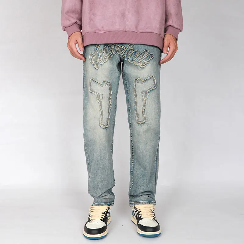Pistol Patch Jeans Men Hip Hop Harajuku Straight Pant Trousers Streetwear Loose Casual Washed Jogging Y2K Retro Denim Pants Male