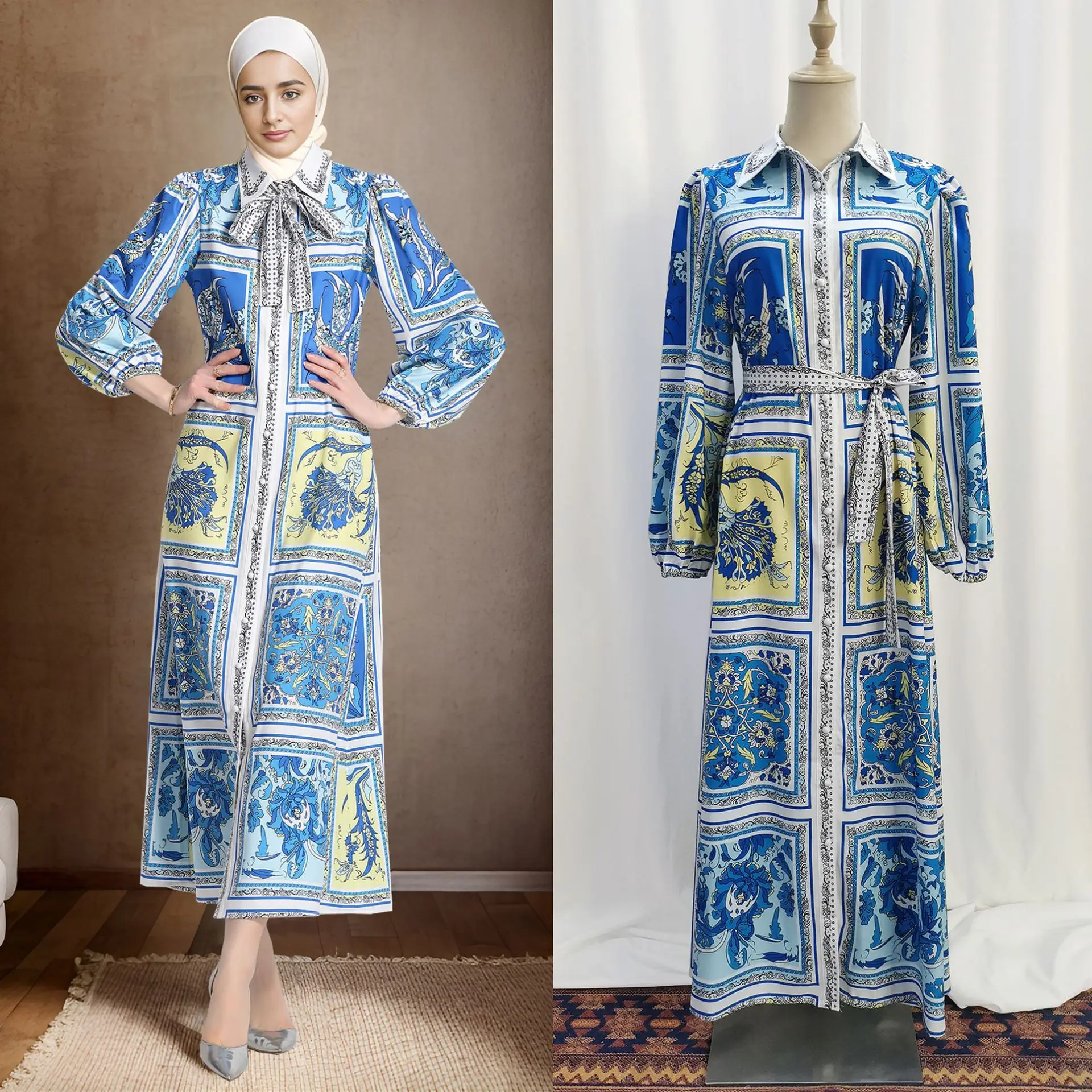 

Ramadan Middle East Dubai Muslim Luxury Fashion Islamic Women's Printed Dress Saudi Arabian Costume High Waist Slim Fit Dress