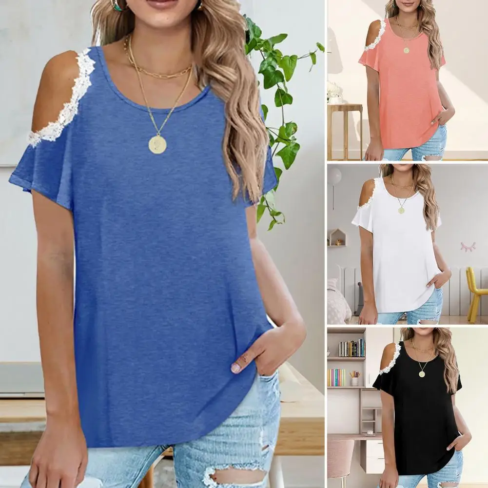 

Lace Trim Cold Shoulder Tee Top Stylish O-Neck Short Sleeve Solid Color Women T-shirt Anti-pilling Breathable Loose Top for Work
