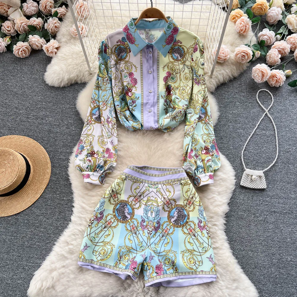 

Spring Summer 2023 Retro Palace Print Suits Women Lapel Long Sleeve Shirt Tops +high Waist Shorts Elegant Two-piece Sets J941