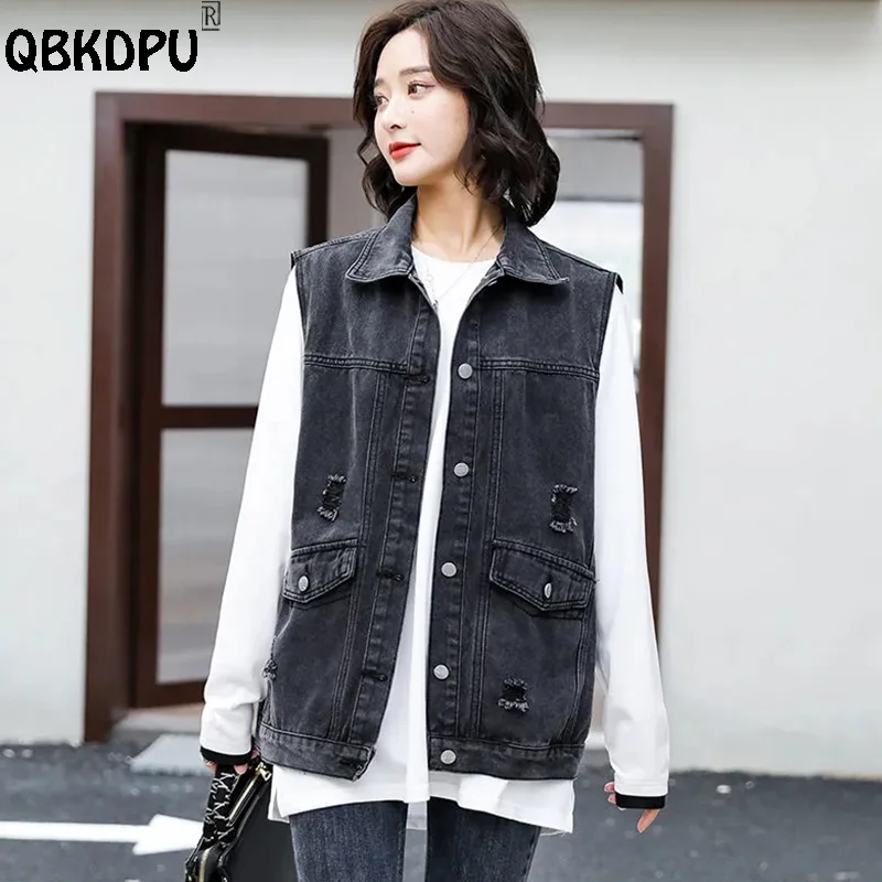 

Streetwear Frayed Denim Chaleco Mujer Boyfriend Style Loose Black Vest Women Wash Casual Sleeveless Denim Jacket Jean Waistcoat