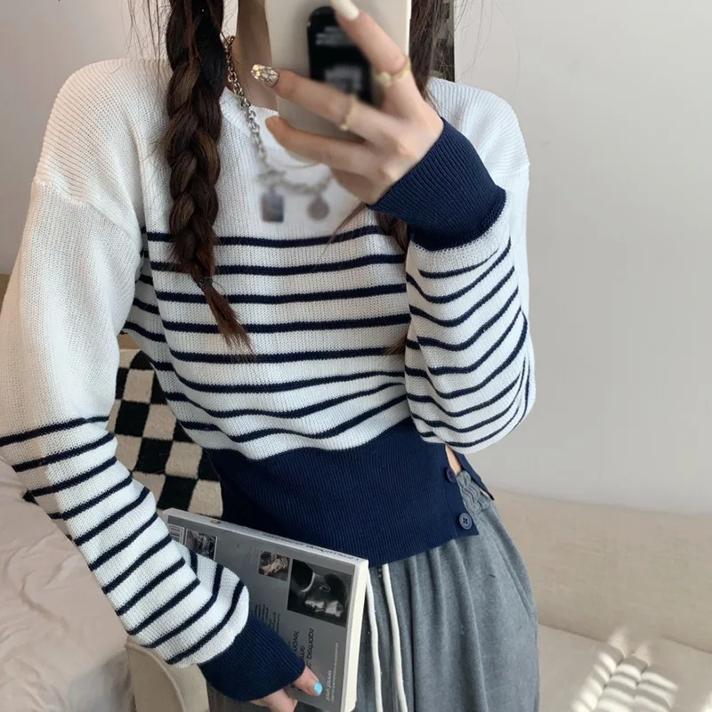 

Autumn Winter Vintage Stripe Sweaters Women Korean Style Pullover Top Long Sleeve Knitted Sweater