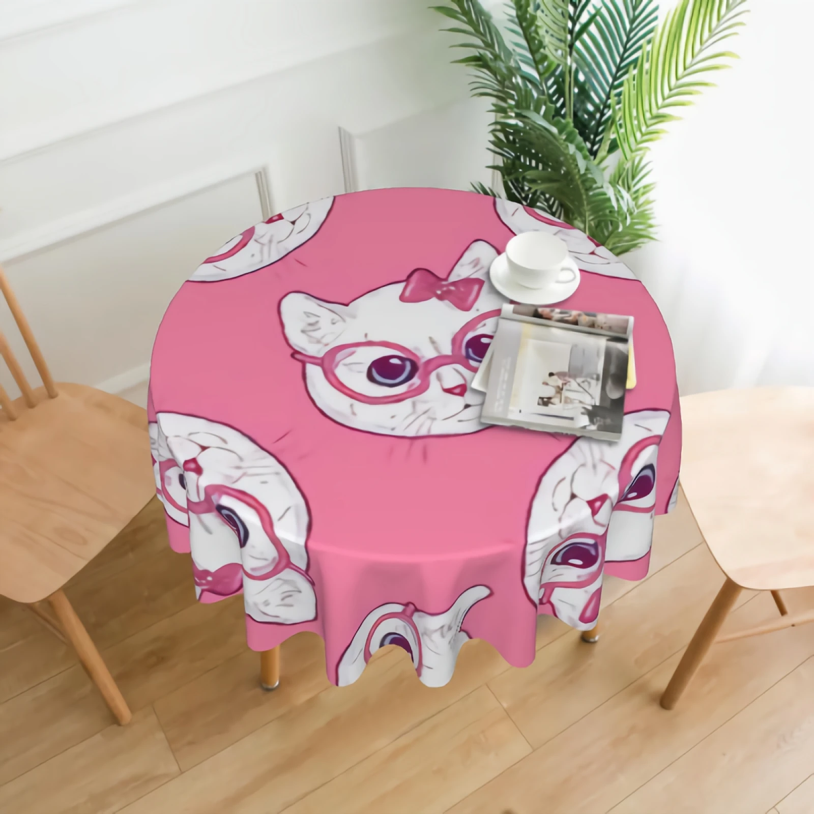 

Cute White Cat Faces Round Tablecloth Waterproof Cats In Pink Glasses Table Cloth Wrinkle Free Decorative Tablecloths Cover