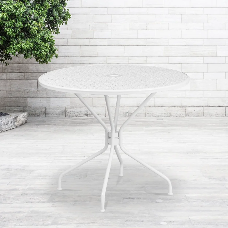Commercial Grade Round White Indoor-outdoor Steel Patio Table With Umbrella Hole 35.25 X 35.25 X 28.75 Inches