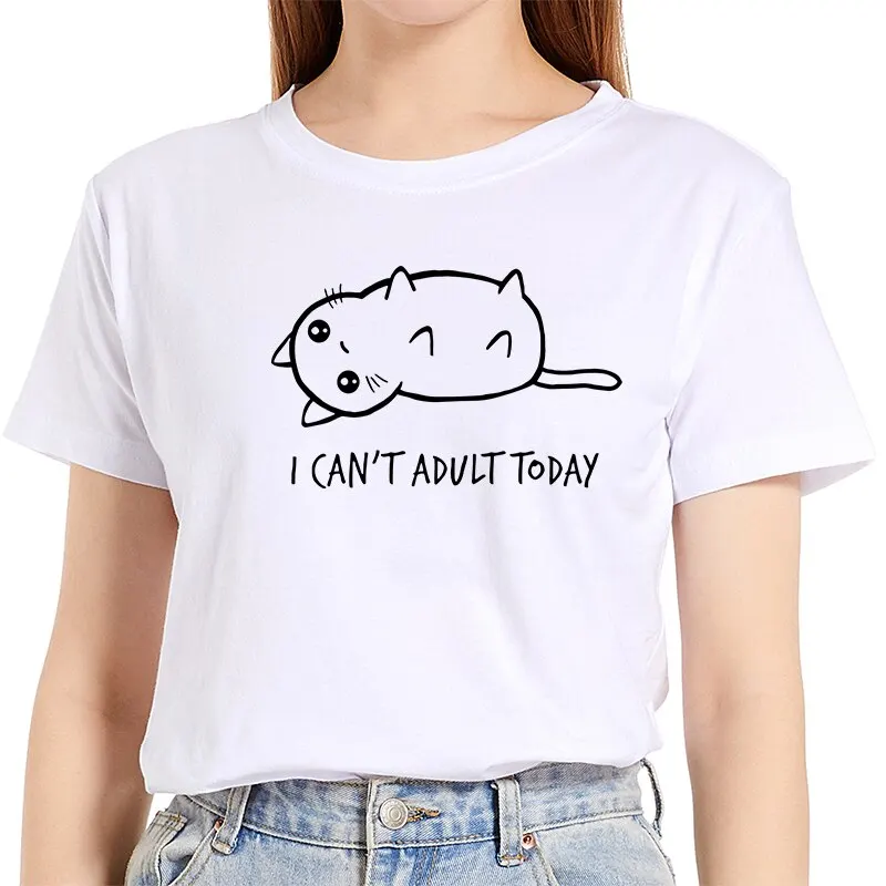 

Women T-shirt Summer Short Sleeve Cat Letter Print Graphic Casual Female T Shirt Ladies Regular Fashion Vintage O-Neck Tees Tops