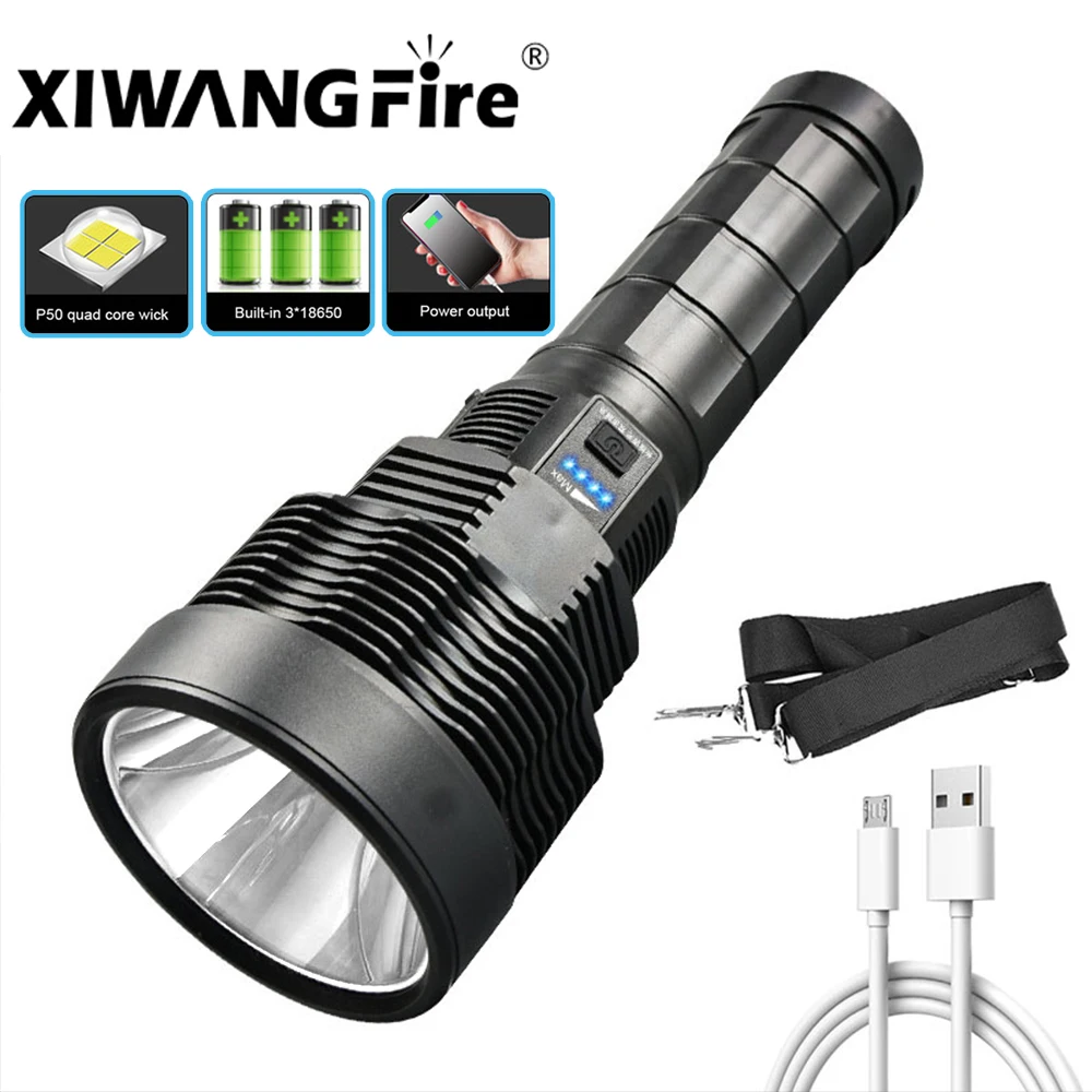 

P50 LED strong light flashlight USB rechargeable built-in battery + lanyard flashlight waterproof and shockproof 30W power light