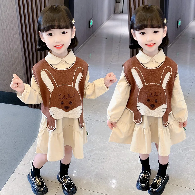 

Baby Girls Dresses Sets 2022 Autumn Children Clothing Little Girl Long Sleeve Corduroy Dress+Knit Vest Sweater Outfits Kids Suit