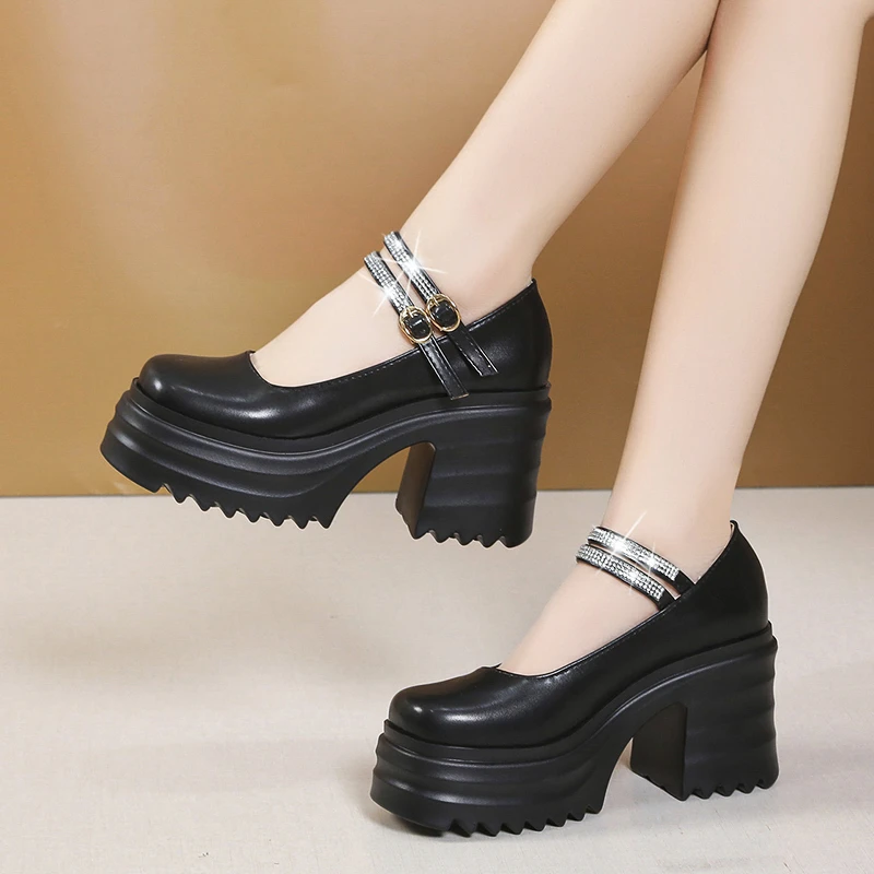 

Женские туфли с ремешком на щиколотке, винтажные туфли-лодочки в стиле панк на платформе и высоком массивном блочном каблуке, классические туфли на танкетке, 2023