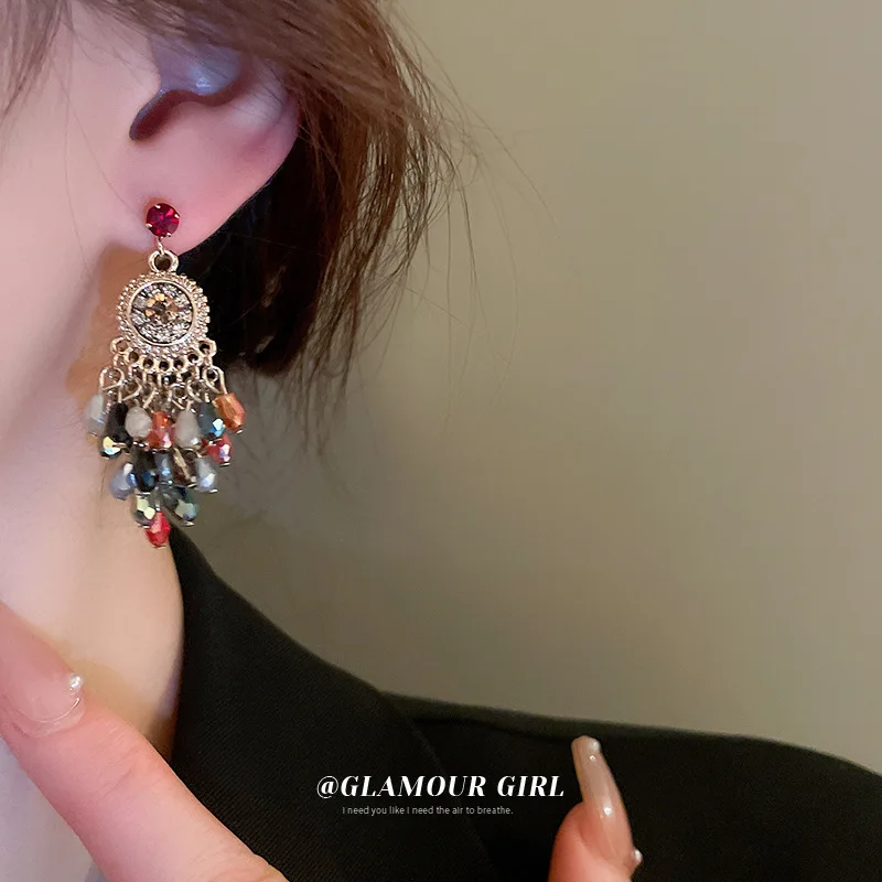 Серебряные гвоздик со стразами-Инкрустированные цветы серьги с кисточками и