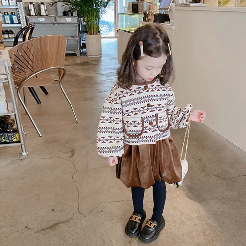 Girls Spring Autumn Set 2022 New Korean Style Knitted Retro Style Dress Cotton Two-Piece Set Fashion Baby