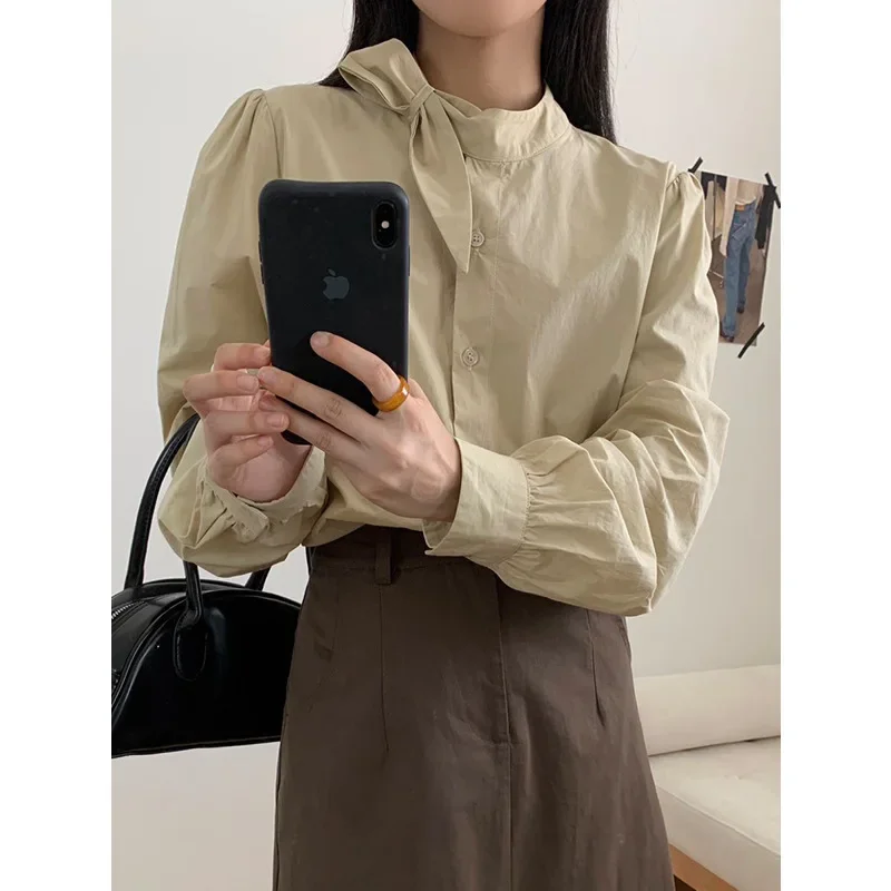 THINK Design Sensibility Women's Autumn/Winter Loose-Fit Solid Color Long Sleeve Shirt Top New Style Korean Fashion