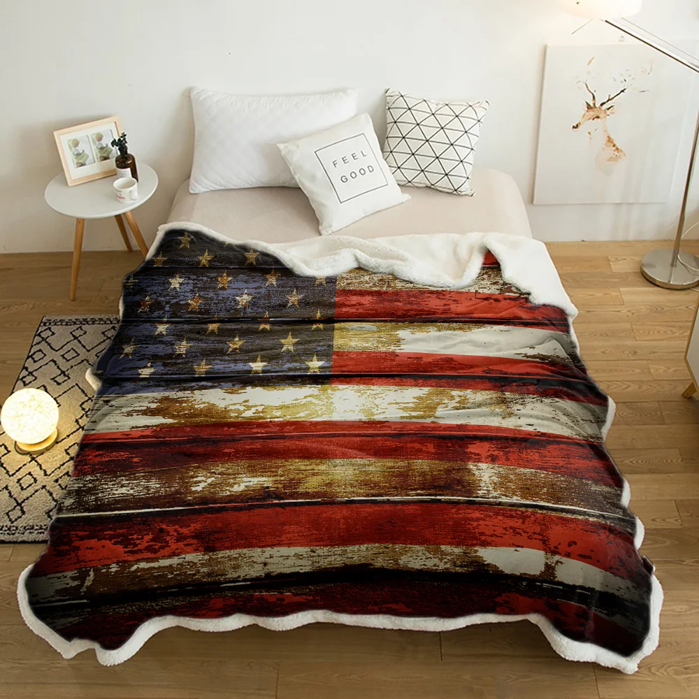

American Flag Vintage Shabby Wooden Lamb Cashmere Fleece Blanket Home Bed Sofa Winter Sherpa Bedding Kids Thick Bedspread