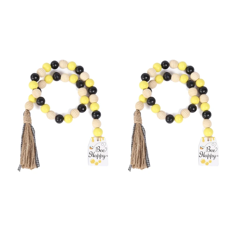 

2 Pieces Bee Wood Bead Garlands With Tassels Farmhouse Rustic Black Buffalo Beads Garlands With Wooden Bee Happy Sign