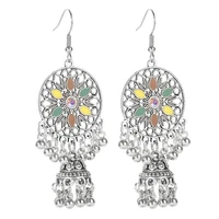 vintage ethnic flower oil drop earrings female alloy silver color beads boho tassel ear rings colorful dangle earrings jewelry