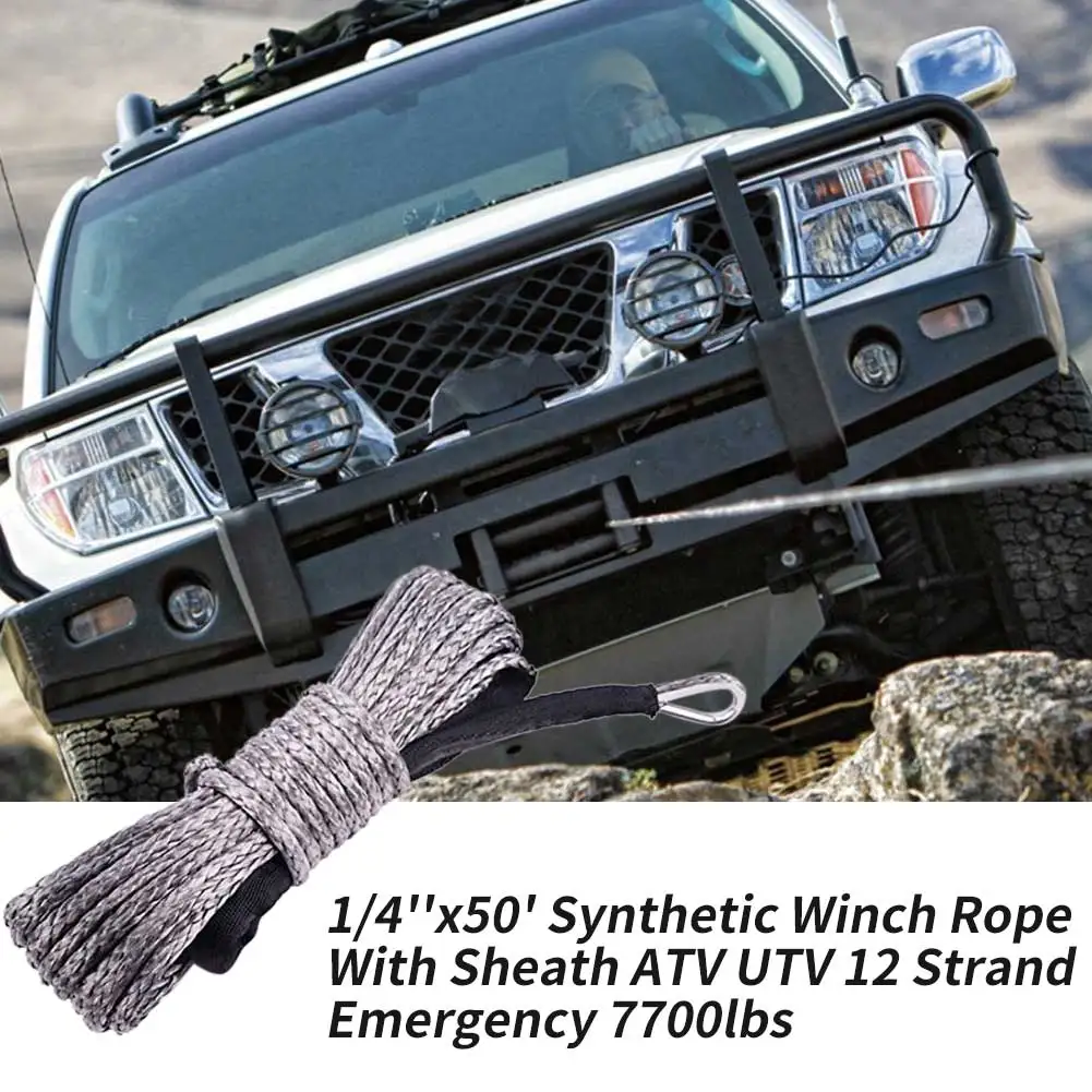 

1/4''x50' Synthetic Winch Rope 7700lbs Car ATV UTV 12 Strand Outdoor Accessories Emergency Towing Replacement Cable Truck Boat