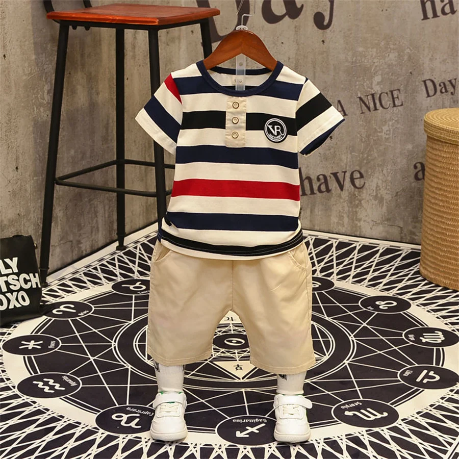 

New Short Sleeve Stripe T-Shirt + Shorts Suit Summer Baby Boy 18M -8Year Clothes 2PC Child Tracksuits