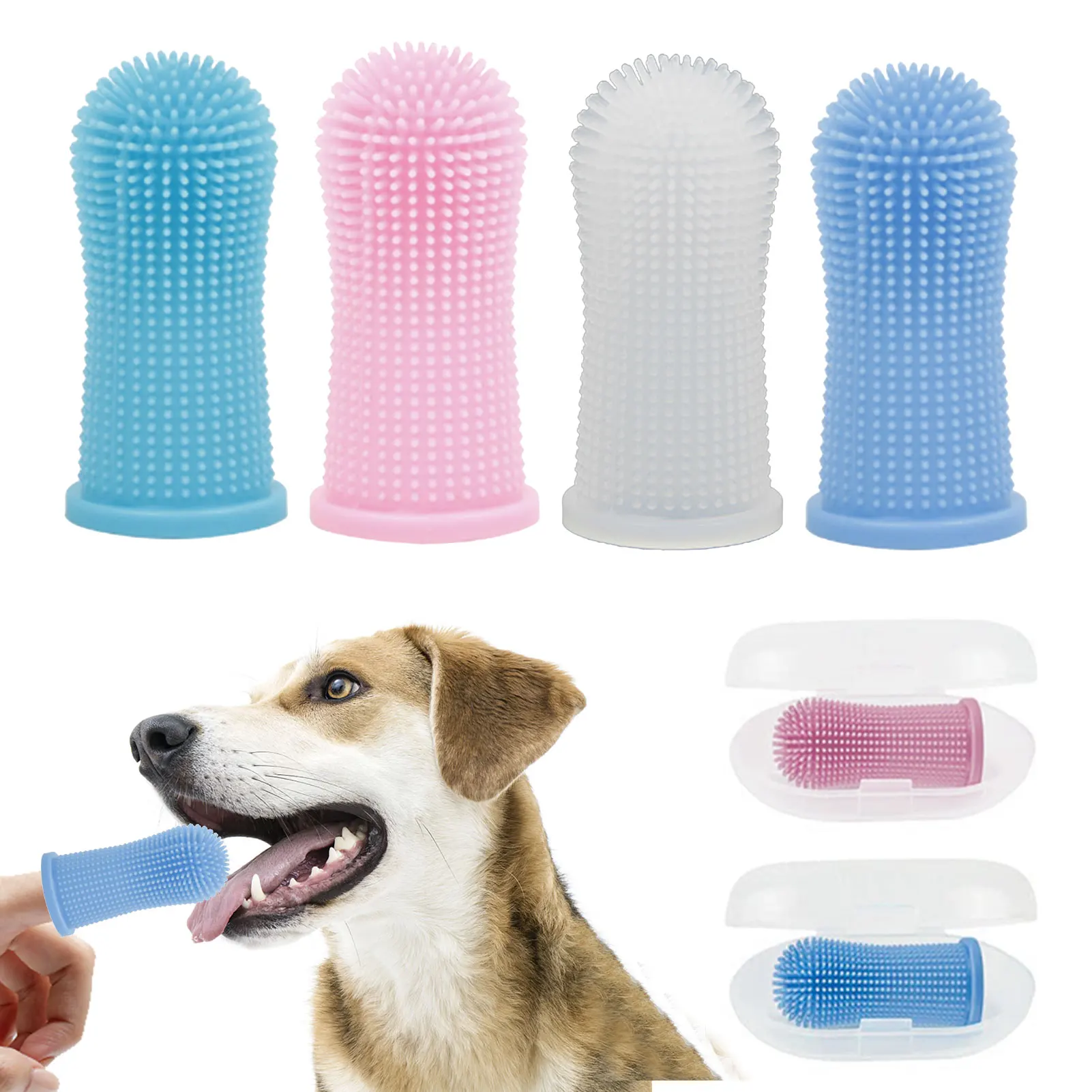 

4pcs Wear Resistant Pet Finger Toothbrush With Storage Box Teeth Cleaning Freshen Breathe Universal Dog Cat Soft Silicone Home