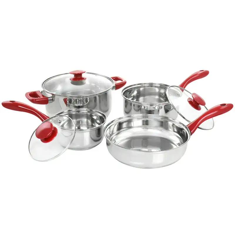 

7 Piece Stainless Steel Cookware Set in Chrome with Red Handles