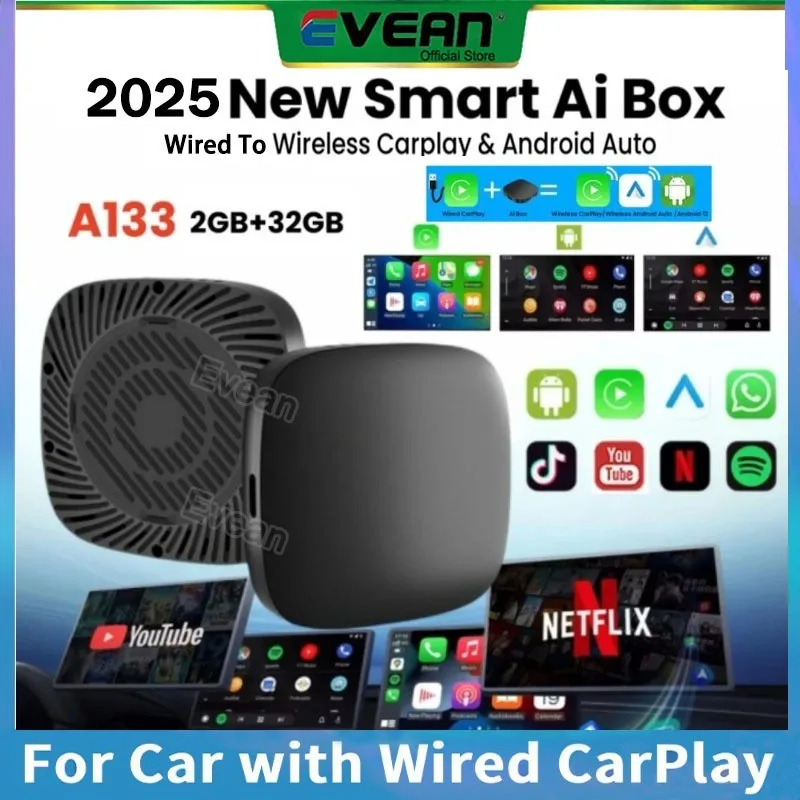 Фото Evean CarPlay Ai Box Android 10 2 + 32 ГБ 4-ядерный беспроводной CarPlay Android Auto YouTube Netflix №1