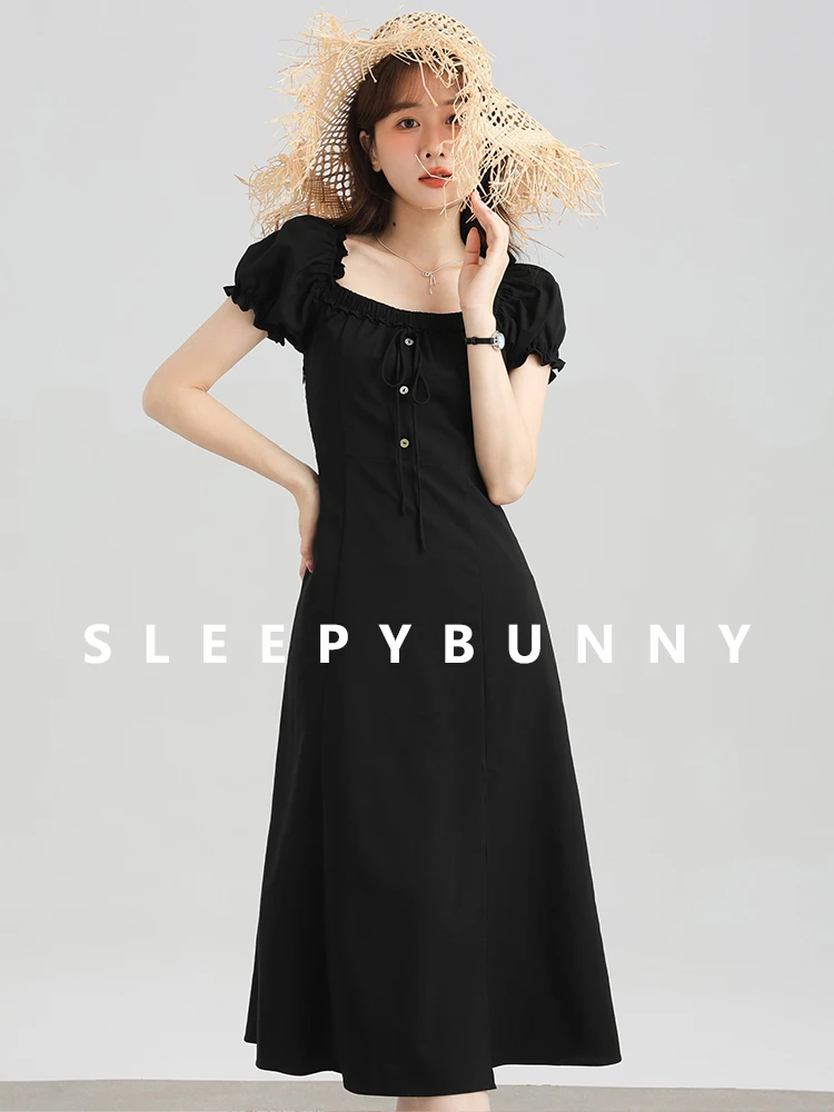 Женское весеннее синее платье с пышными рукавами милое мини-платье