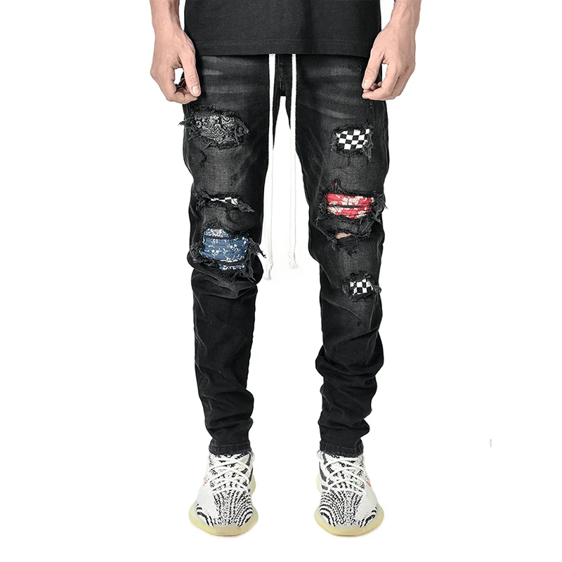 Men's Skinny Ripped Jeans Fashion Grid Beggar Patches Slim Fit Stretch Casual Denim Pencil Pants Painting Jogging Trousers Men