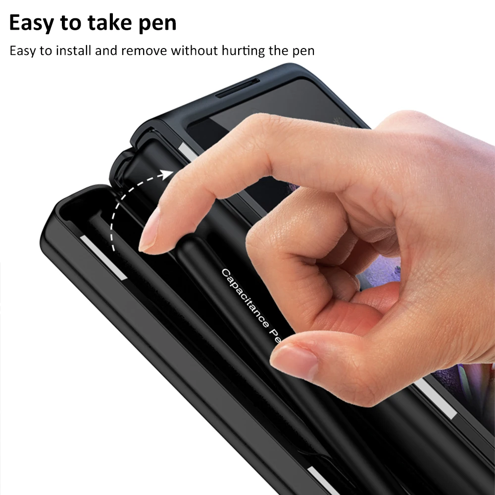 Plain Leather Magnetic Hinge Box Case for Samsung Galaxy Z Fold 2 5G S Pen Slot Holder Kickstand Hard Cover With Touch Pen