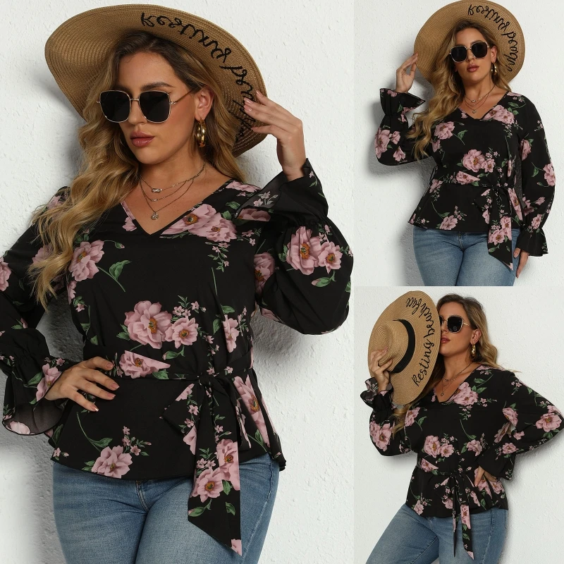 

Women's Floral Print Long Sleeve Self Belted Blouse Top Casual Plus Size Shirt