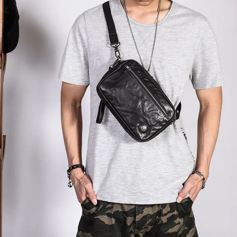 Fashion casual luxury natural genuine leather men's shoulder crossbody bag real cowhide multifunctional black clutch chest bag