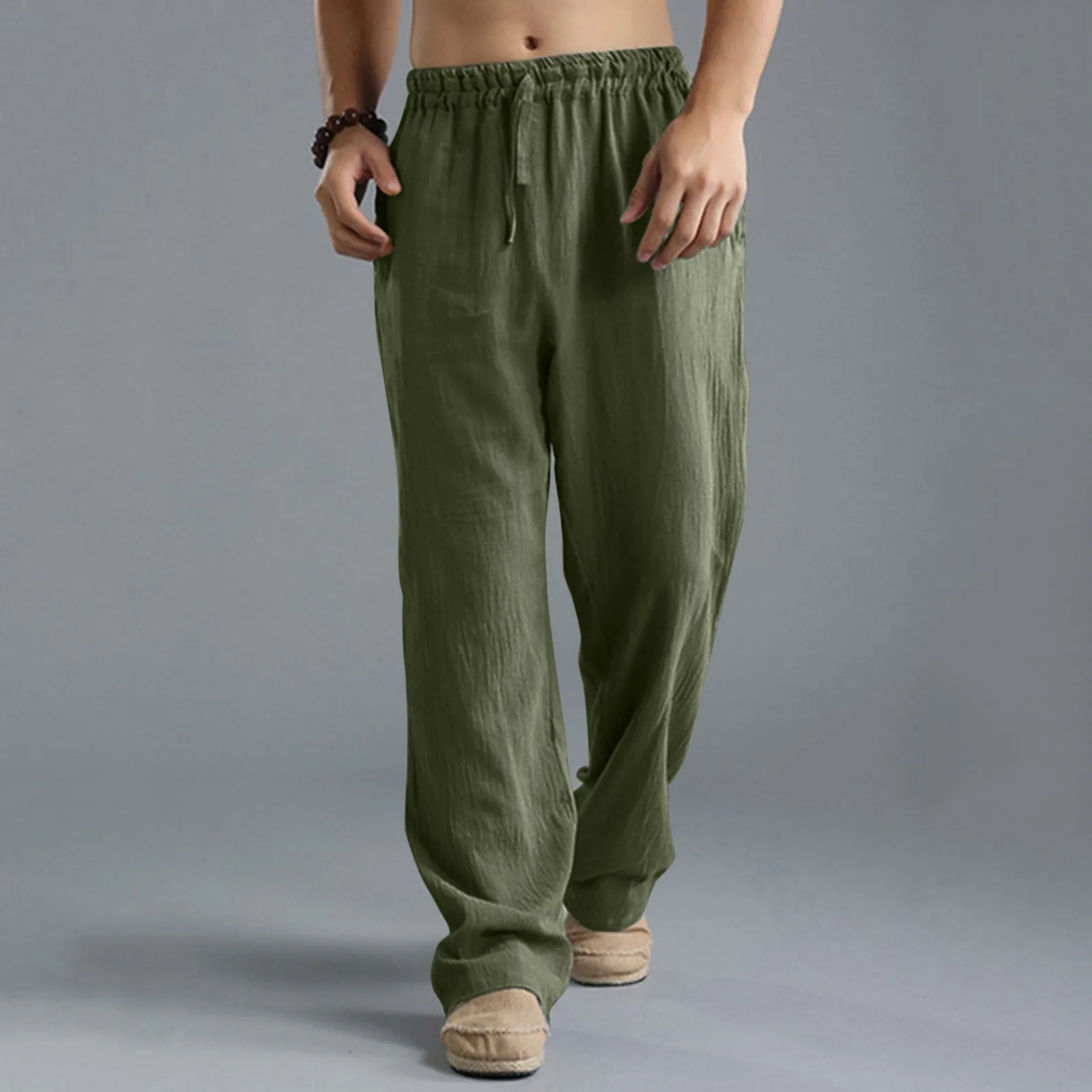 

Men's Work Linen Long Pants Solid Green Black Straight Elastic Waist Drawstring Pants Sweat Pants