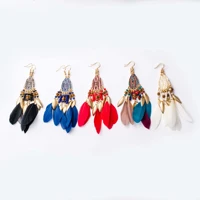 sheishow 10 colors boho long fringed feather pendant metal beads drop earrings for women fashion tassel geometry jewelry design