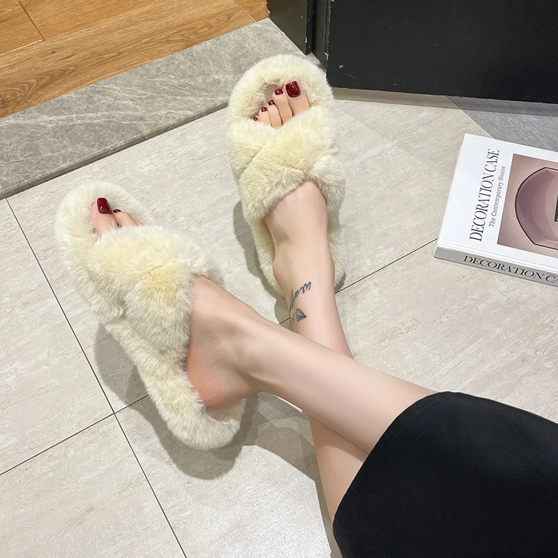 

Fashion and Comfortable Non-slip Fluffy Slippers 2023 Autumn New Ladies Slippers Solid Color Light Fluff Home Female Slippers 40