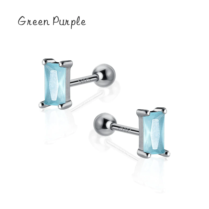 

Green Purple Real s925 Sterling Silver Simple Square Zircon Spiral Stud Earrings for Women Silver Fine Anti-allergy Jewelry
