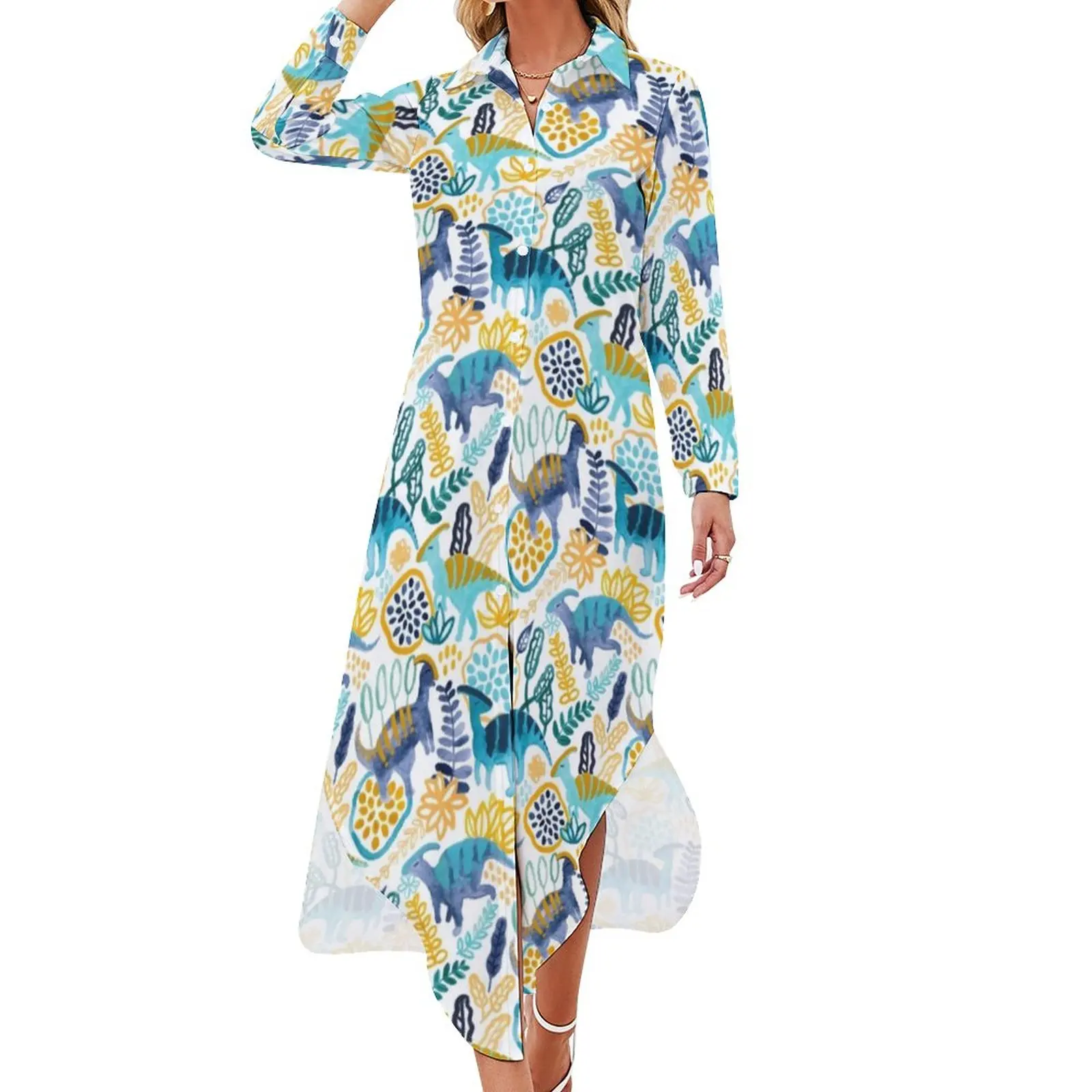 

Cute Dinosaurs Chiffon Dress Sexy V Neck Watercolor Animal Print Pretty Dresses Women Aesthetic Casual Dress Birthday Gift