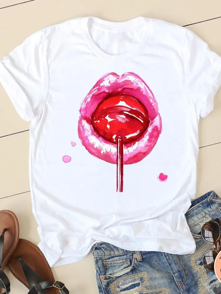 

Female T Shirt Summer Short Sleeve Watercolor Pink Lip Sexy New Ladies Casual Women Fashion Graphic Tee T-shirts