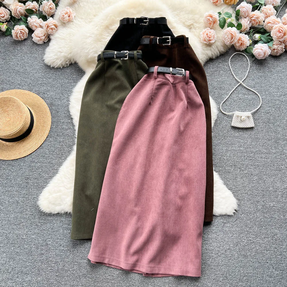 

Fall/Winter 2022 New Lace-up High-waisted Midi Back Split Corduroy Skirt Women's A-line Skirt Skirt