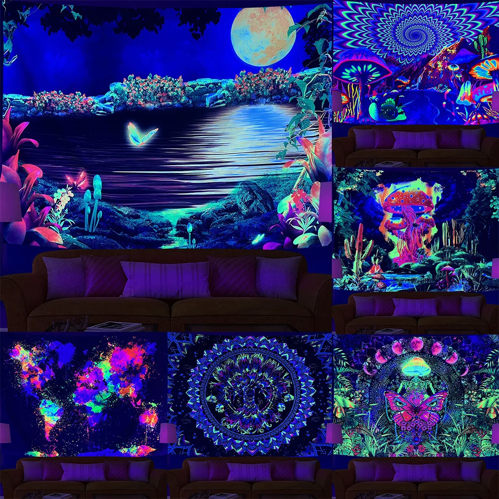 

Фабричная распродажа, светящаяся ткань с рисунком леса и Луны, флуоресцентный гобелен с рисунком грибов, светящийся гобелен Yg009