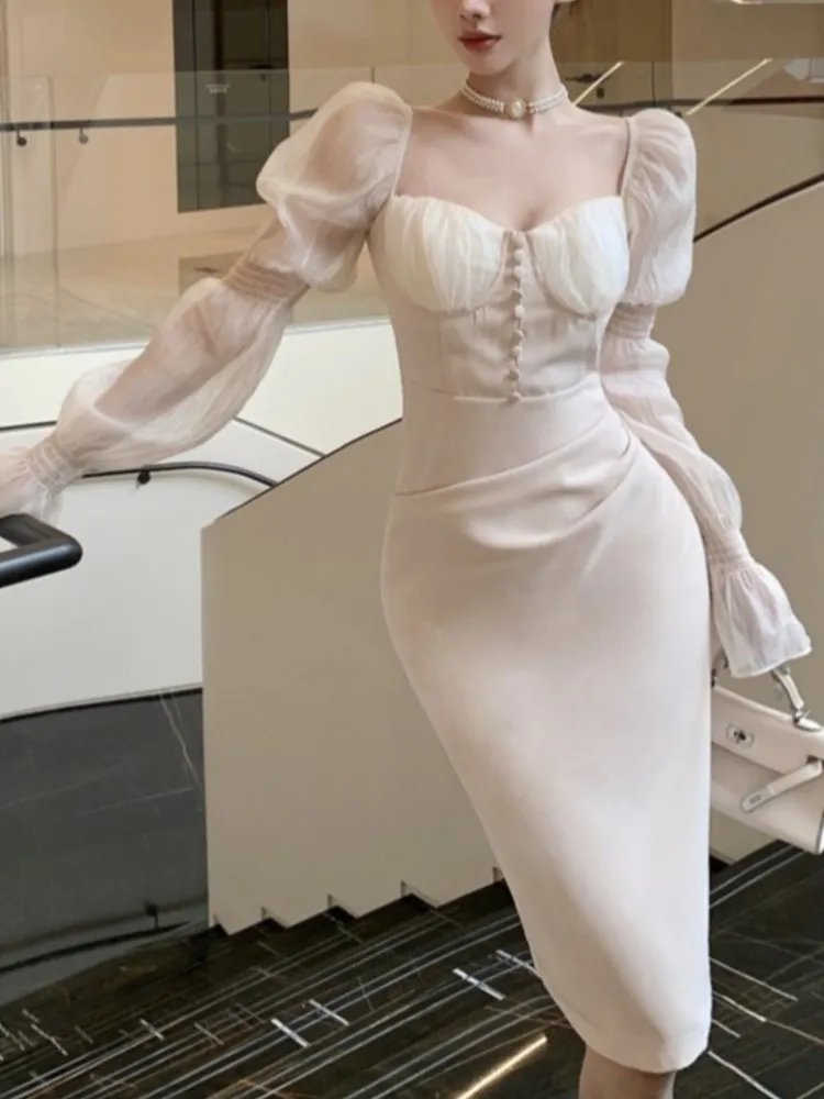 Женское вечернее платье миди с пышными рукавами