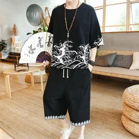 new summer mens cotton and linen suit large print t shirt baggy pants trend brand casual suit