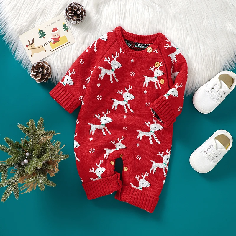 

Winter Baby Christmas Rompers Clothing 0-18m Red Reindeer Knit Newborn Netural Long Sleeves Jumpsuits for Infant Boys Girls Wear