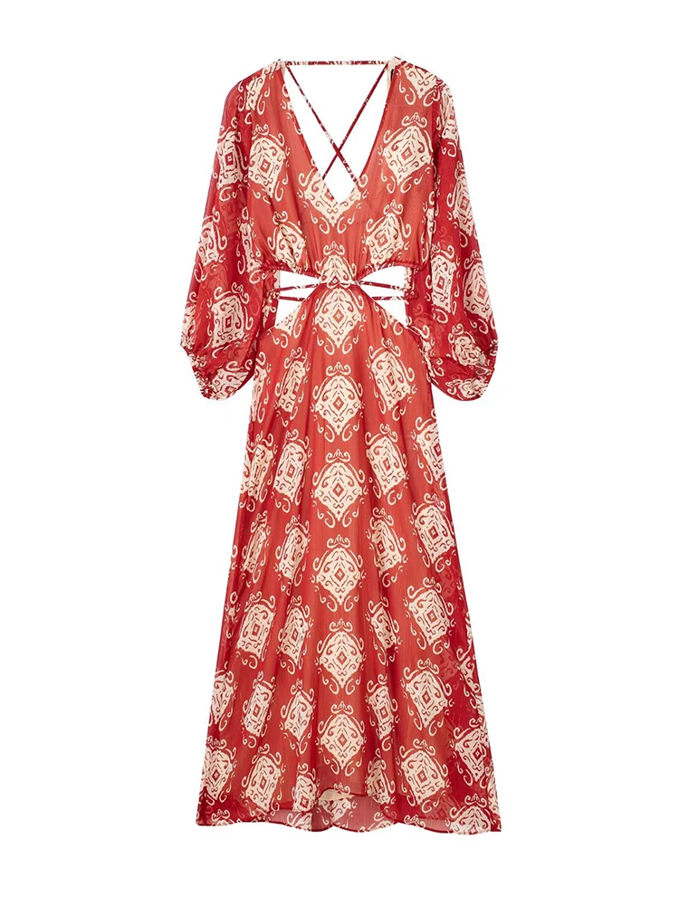 

TRAF New Women Elegant Printed Midi Dress 2023 Summer Chic Female Deep V-Neck Lantern Long Sleeve Back Hollow Design Long Dress