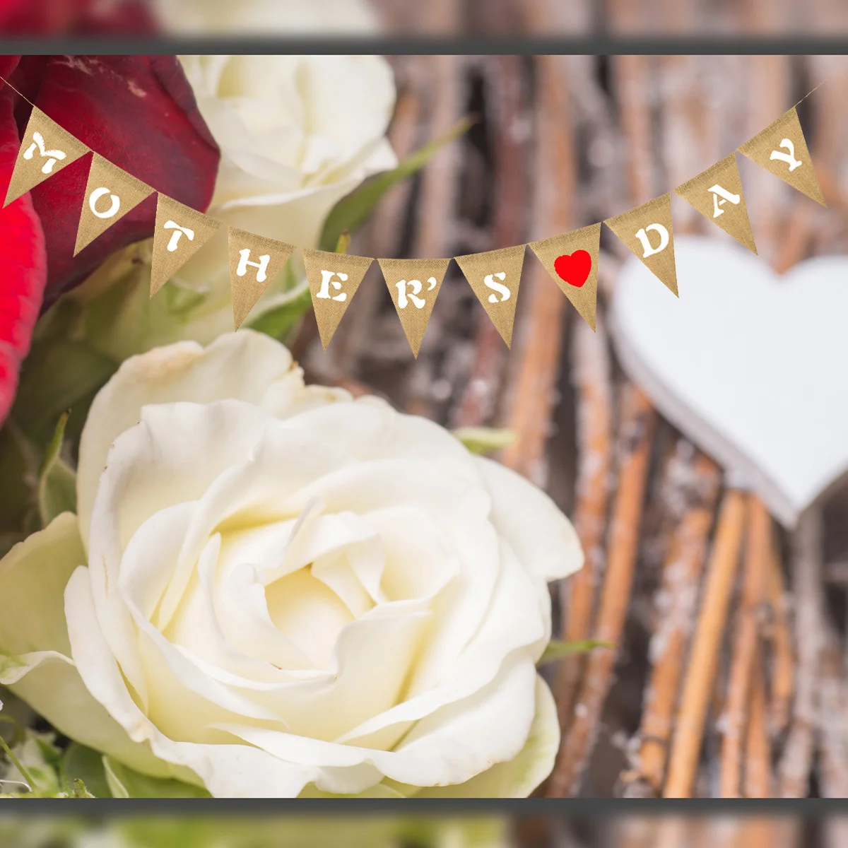 

2M Mother's Day Burlap Flags Bunting Banner Hanging Banners with Heart for Mother's Day Party Supplies
